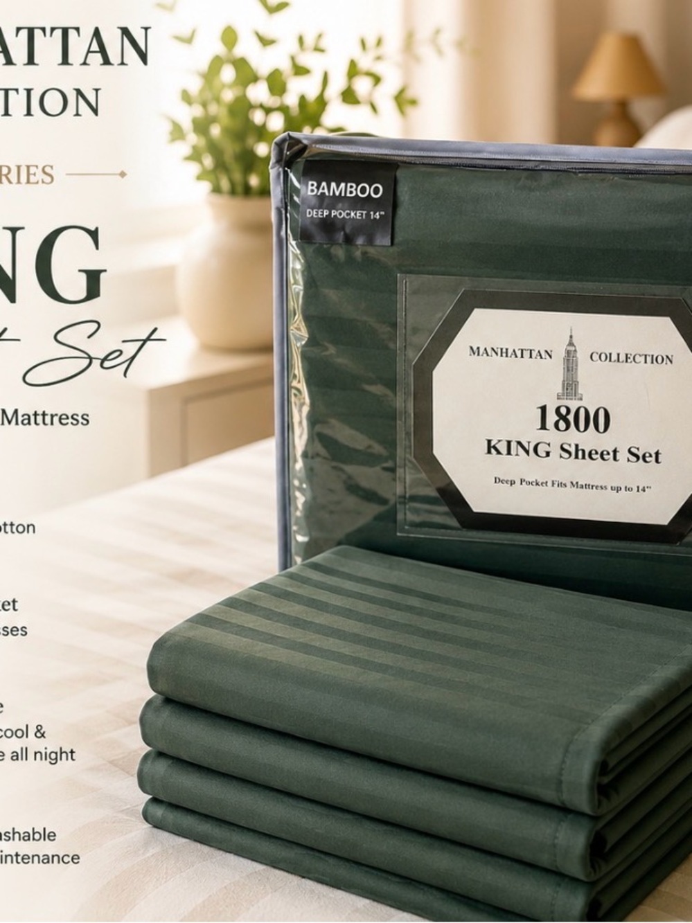 Bamboo 1800 King Sheet Set - Deep Green